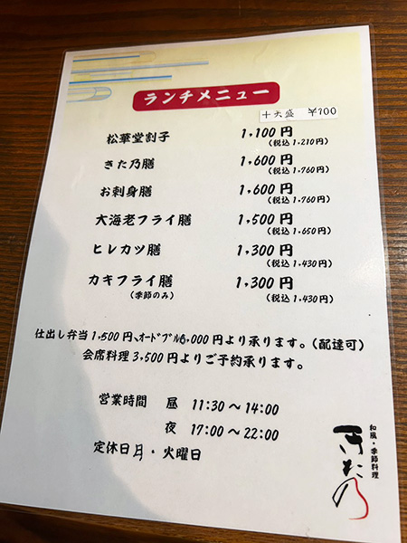 ランチメニュー表