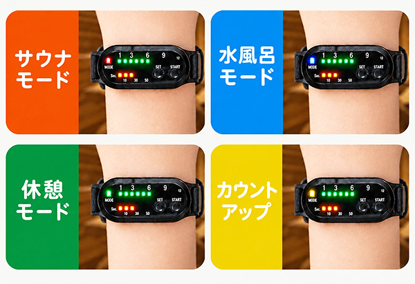 上の緑色のLEDが「分」で、下のオレンジ色のLEDが「秒」 上の緑色のLEDが「分」で、下のオレンジ色のLEDが「秒」